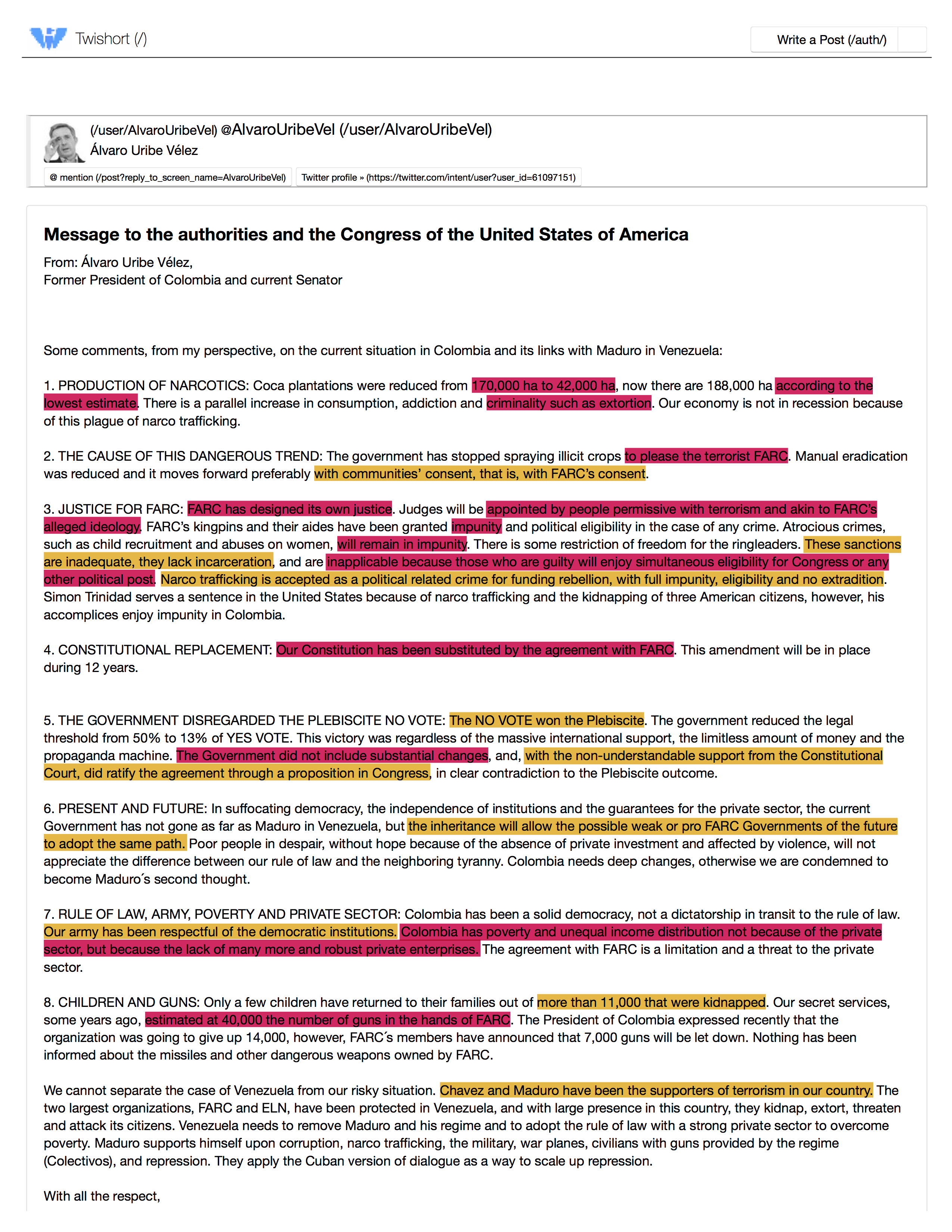 Uribe's statement, with incorrect statements highlighted in pink and debatable assertions highlighted in orange.