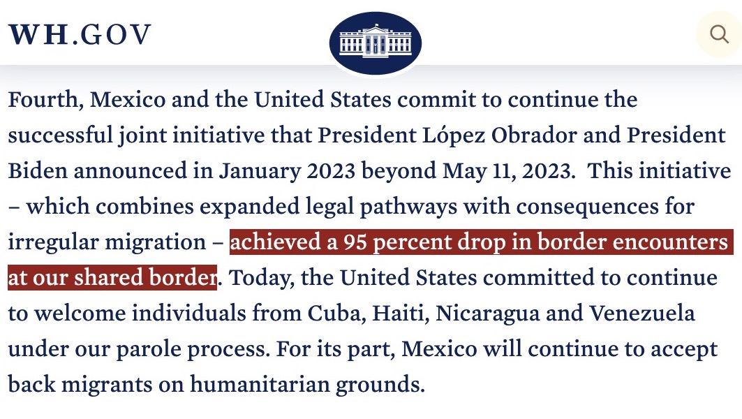 Screenshot of linked US-Mexico joint statement (English):

"Fourth, Mexico and the United States commit to continue the successful joint initiative that President López Obrador and President Biden announced in January 2023 beyond May 11, 2023.  This initiative – which combines expanded legal pathways with consequences for irregular migration – achieved a 95 percent drop in border encounters at our shared border. Today, the United States committed to continue to welcome individuals from Cuba, Haiti, Nicaragua and Venezuela under our parole process. For its part, Mexico will continue to accept back migrants on humanitarian grounds."